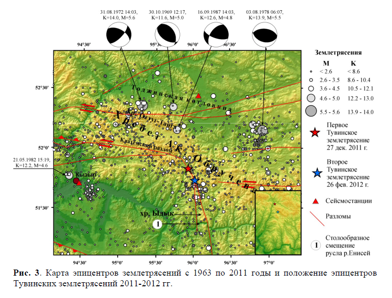 . Карта эпицентров землетрясений с 1963 по 2011 годы и положение эпицентров Тувинских землетрясений 2011-2012 гг.
