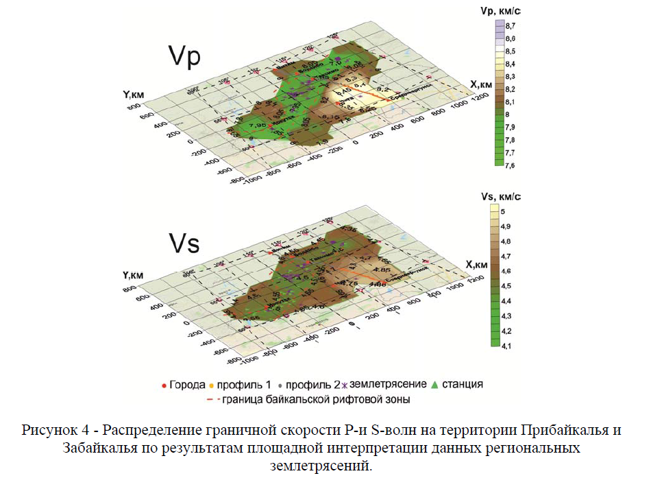 Распределение граничной скорости Р-и S-волн на территории Прибайкалья и Забайкалья по результатам площадной интерпретации данных региональных землетрясений.