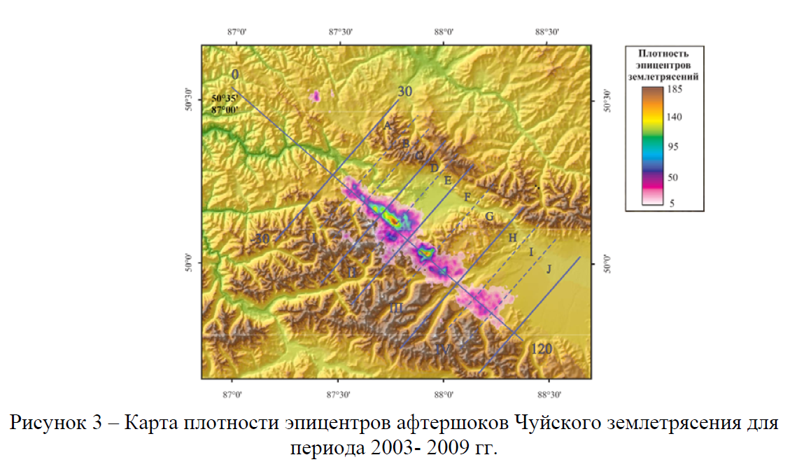 Карта плотности эпицентров афтершоков Чуйского землетрясения для периода 2003- 2009 гг.