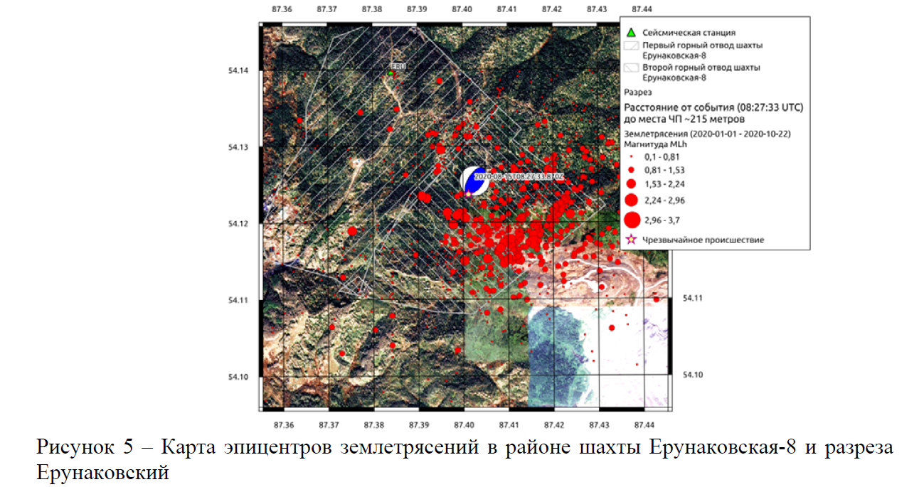 Карта эпицентров землетрясений в районе шахты Ерунаковская-8 и разреза Ерунаковский 