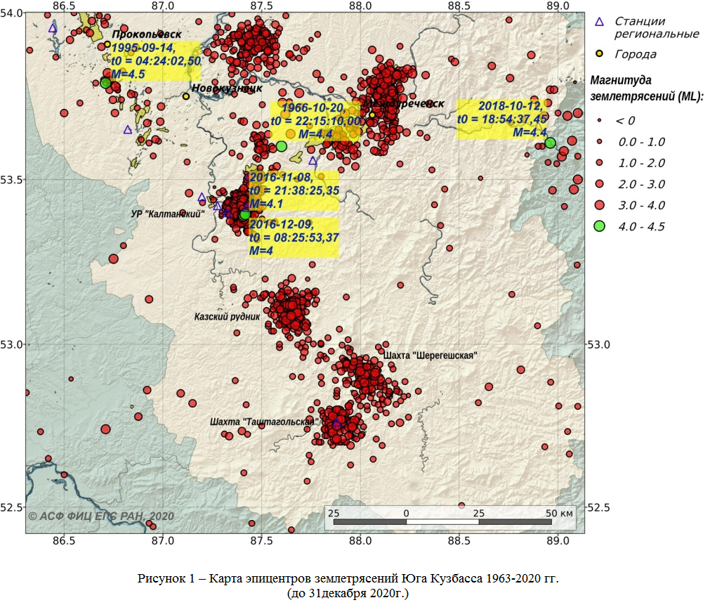 Карта эпицентров землетрясений Юга Кузбасса